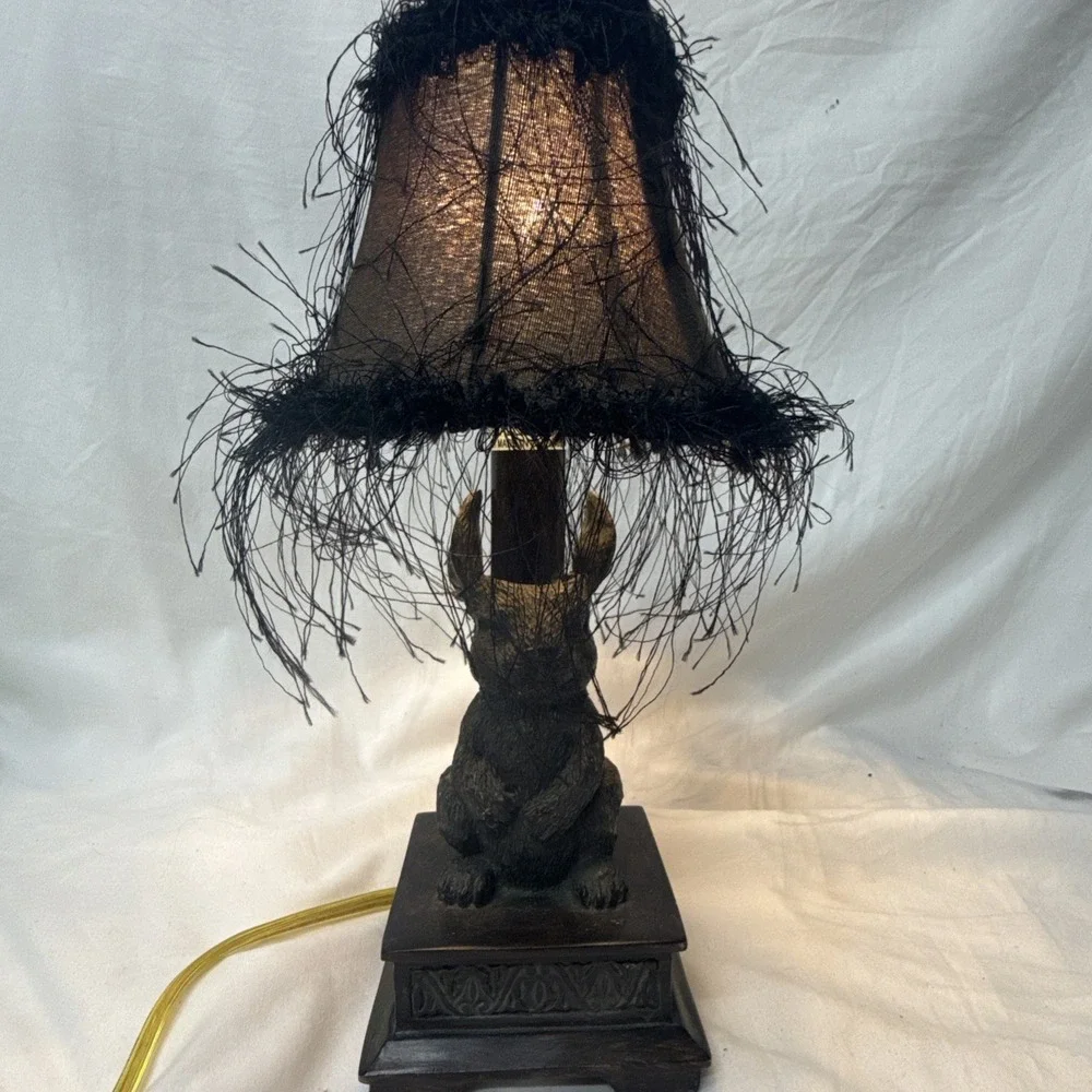 VTG Rabbit Table Lamp Bunny Base Fringe Shade Rustic Whimsy Cottage Goth Decor